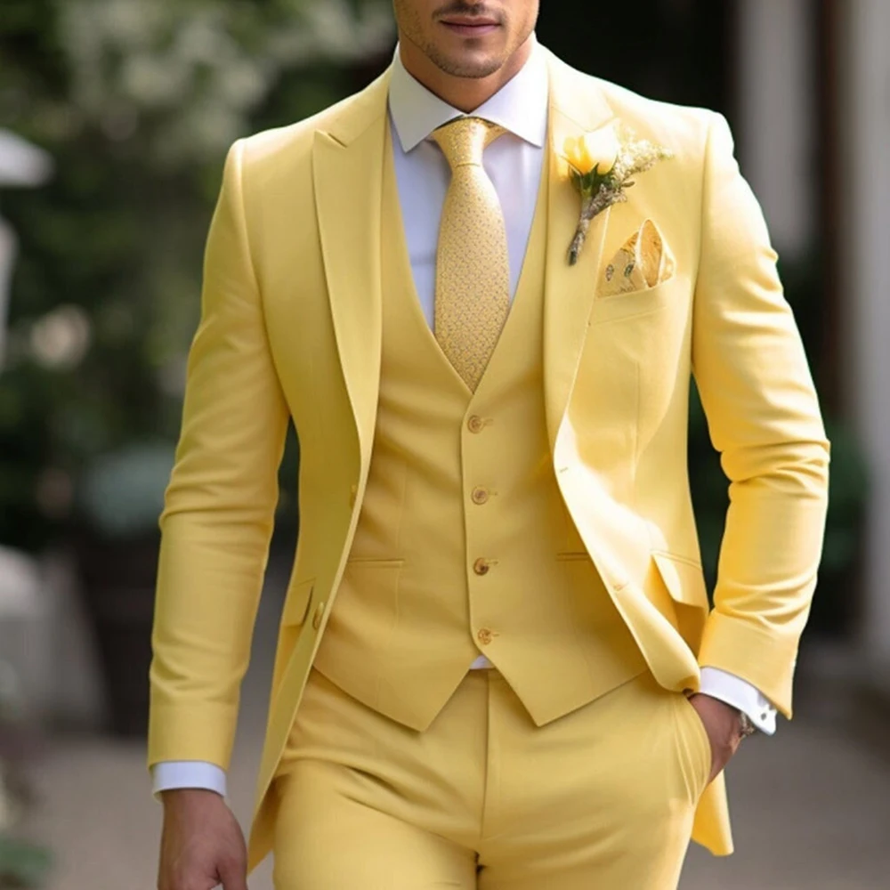 

Yellow Men's Suits Luxury Wedding Male Clothing Single Breasted Peak Lapel Slim Fit Blazer Prom Party 3 Piece Jacket Pants Vest