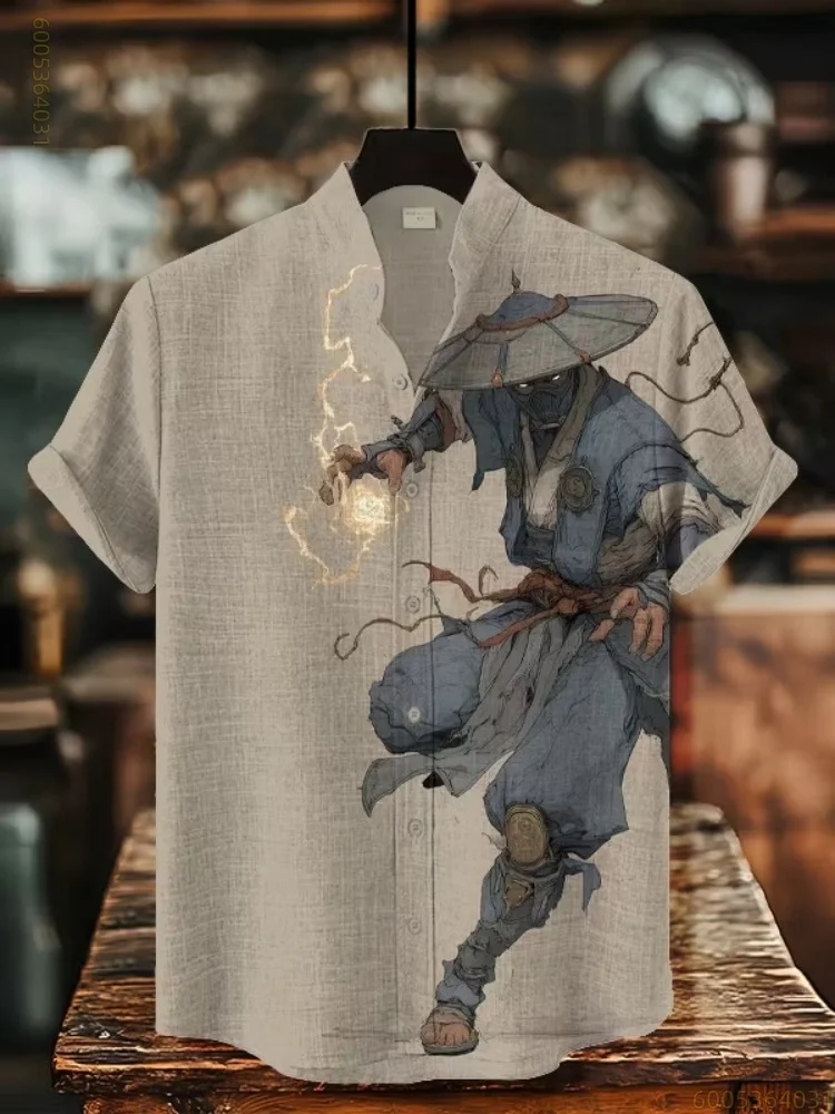 Men's Hat Ninja Print Hawaiian Men's Stand Collar Short Sleeve Shirt, Fashionable and Comfortable for Travel and Commuting
