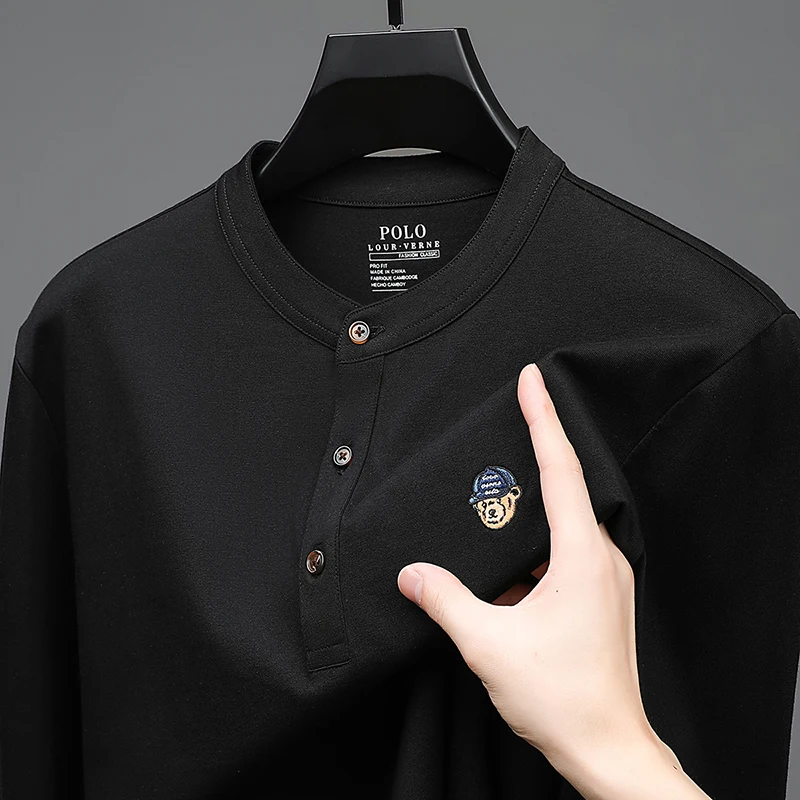 Luxury Designer Man 100%cotton Long Sleeves T-Shirt Button Korean-Style Embroidery Tops Autumn Hot Fashion Casual Men's Clothing