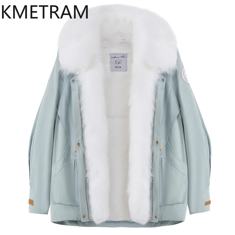 KMETRAM Parka z naturalnego futra królika Rex z wyjmowanym wnętrzem, odzież damska, nowa kurtka z prawdziwego futra z kołnierzem z futra lisa, płaszcze zimowe 2025