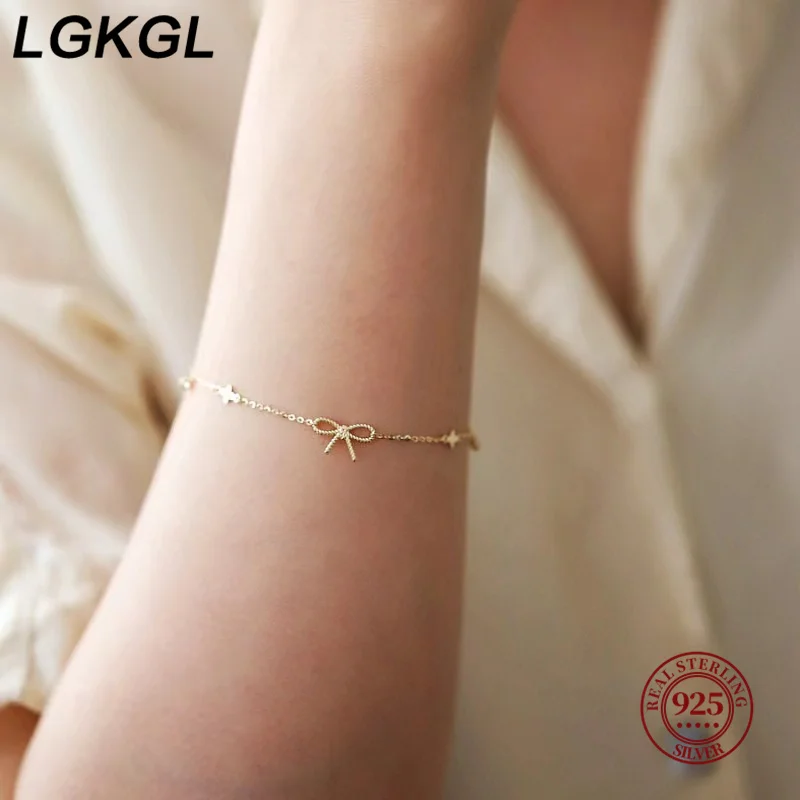 LGKGL 100% 925 sterling silver bow bracelet with 14K gold plated four-leaf clover thin cross simple new style