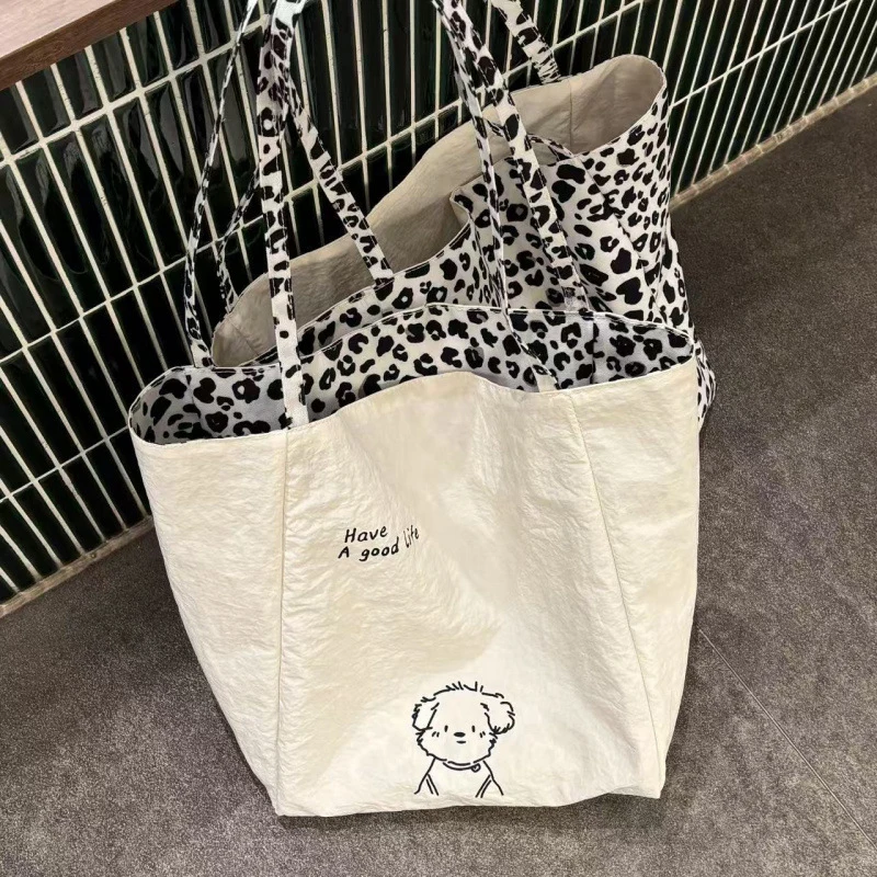 Double‑sided Use Canvas Shoulder Tote Bag Leopard Puppy Print Large Capacity Handbag Casual Student Commuter Daily Carry Bag