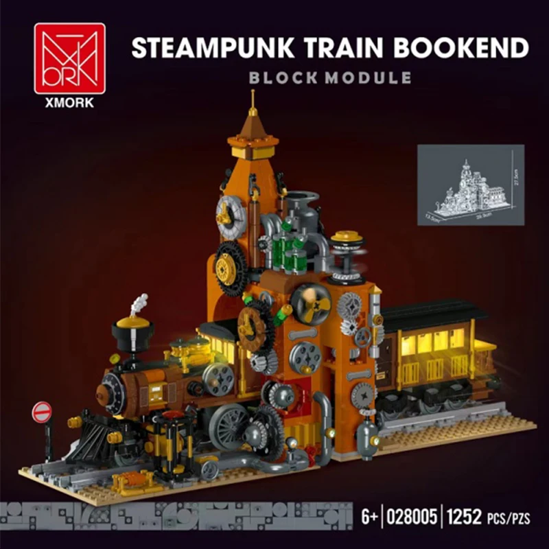 Creative Expert Moc XMORK 028005 Steampunk Train Bookend with Light Model 1252Pcs Building Blocks Brick Puzzle Toys for Kid Gift