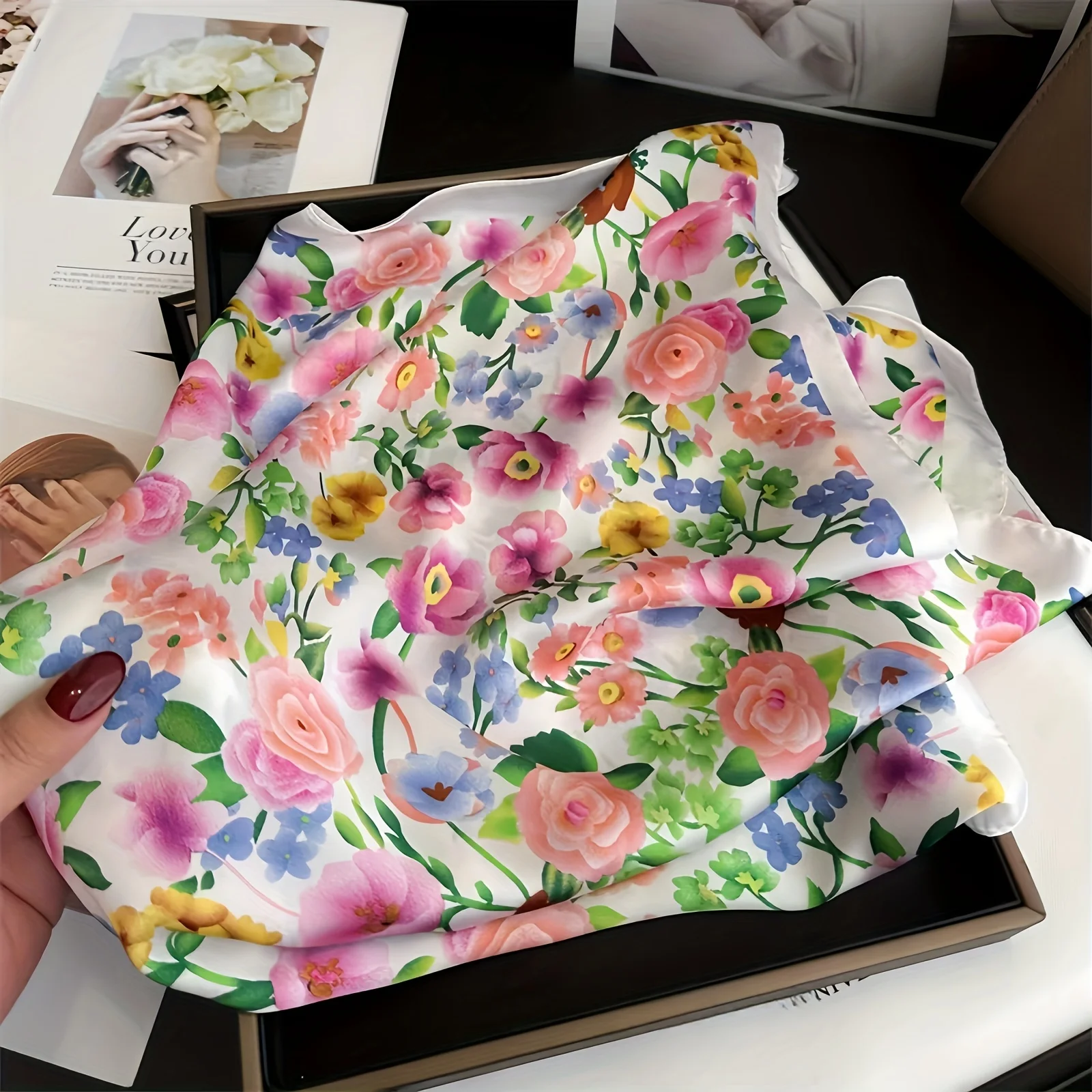 27.5" Elegant Floral Print Satin Square Scarf for Women Soft Lightweight Versatile Fashion Accessory Hair Scarf Neck Scarves