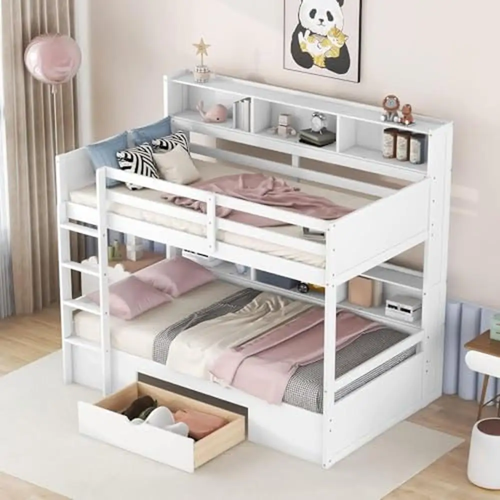 

Twin Bunk Bed with Storage Shelves and Drawer Modern Wood Bunk Beds Built-in Storage Books and Toys White Finish Twin Size 400lb