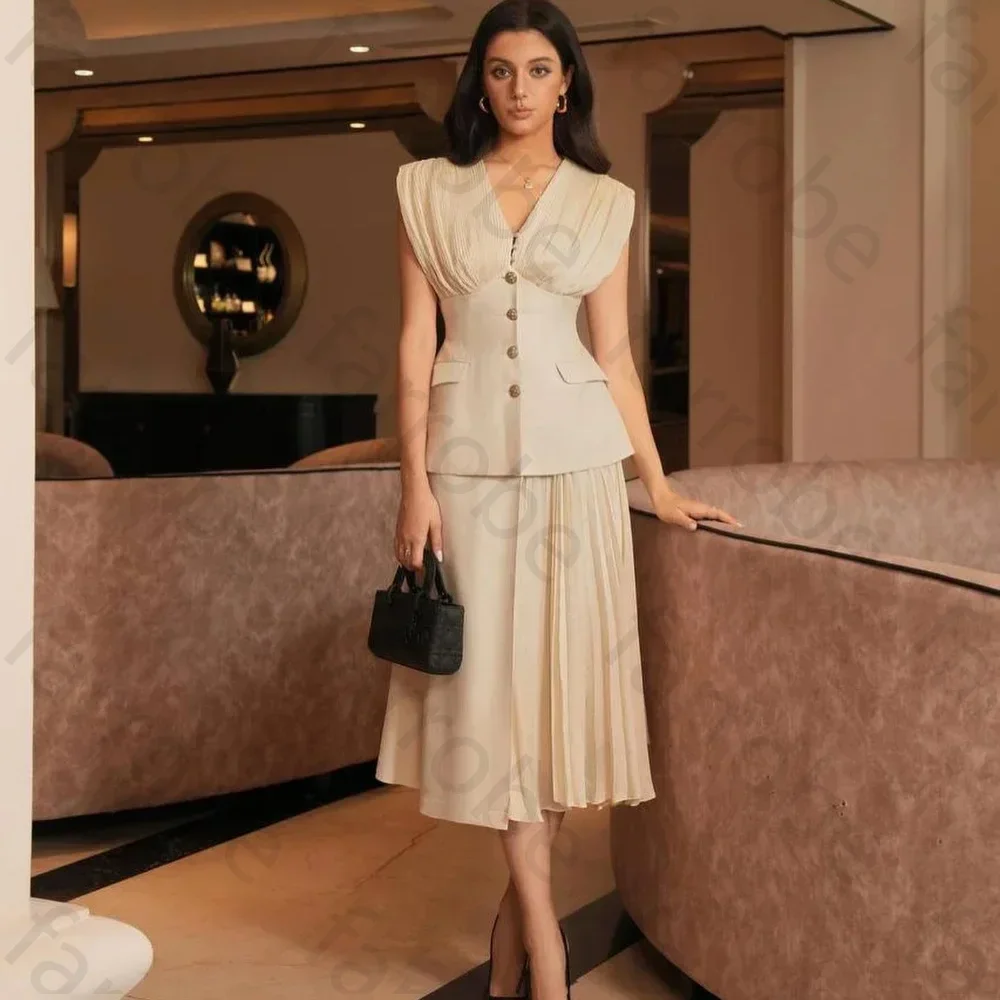 

Customized Prom Dresses Jersey Pleat Button A-line V-neck Midi Dress Evening Gown High Quality Classic Party Gowns for Women