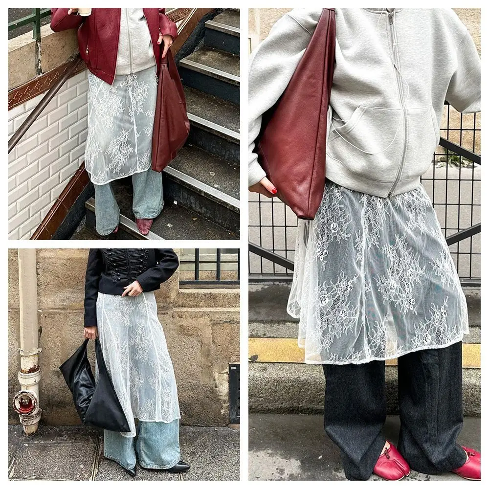 

Юбка миди с высокой талией, кружевная, с асимметричным разрезом, прозрачная, на шнуровке, с вышивкой цветов, в стиле Y2K, уличная мода