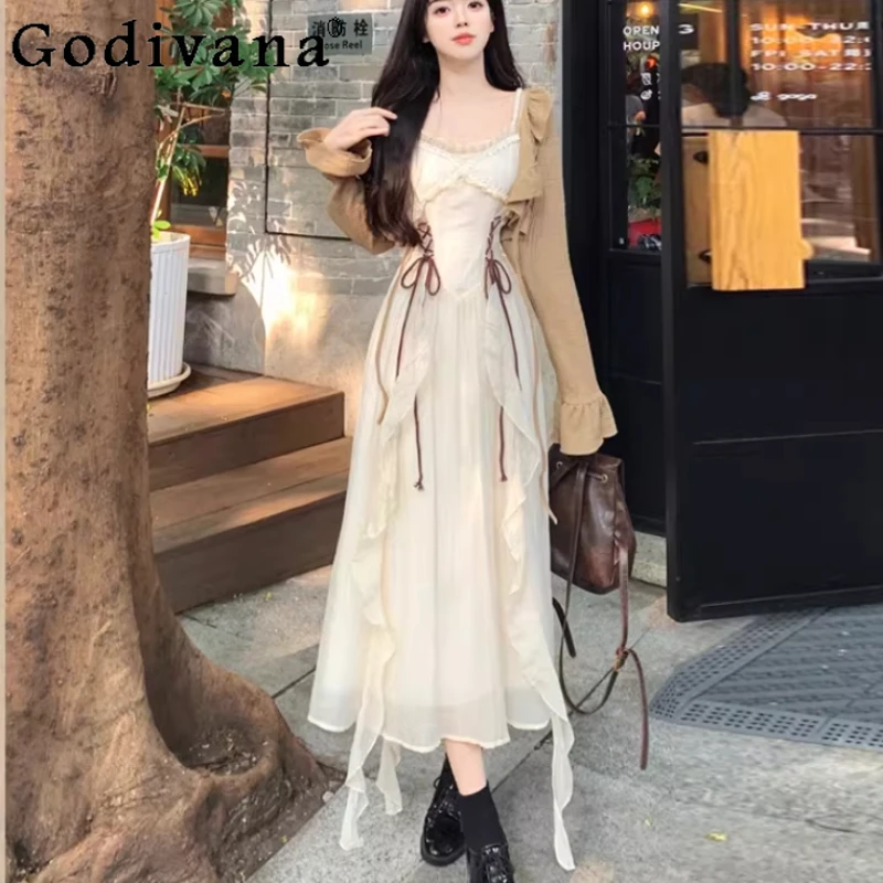 

Large Size 2026 Spring New Sweet Women Sunscreen Cardigan Tops Fashion High Waist A-line Slash Neck Fairy Suspender Dress Sets