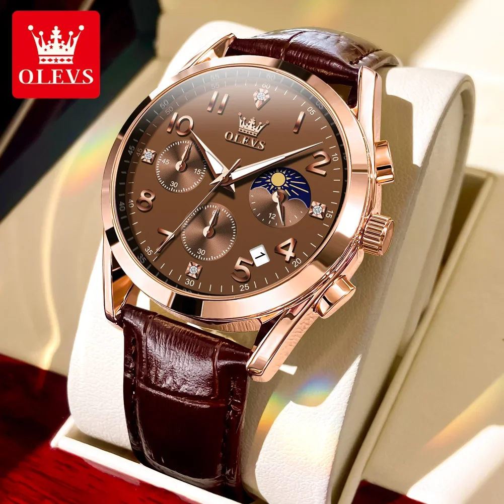 

OLEVS Watch for Men Leather Strap Original Quartz Men's Watches Moon Phase Waterproof Luminous Chronograph Dial Wristwatch Reloj