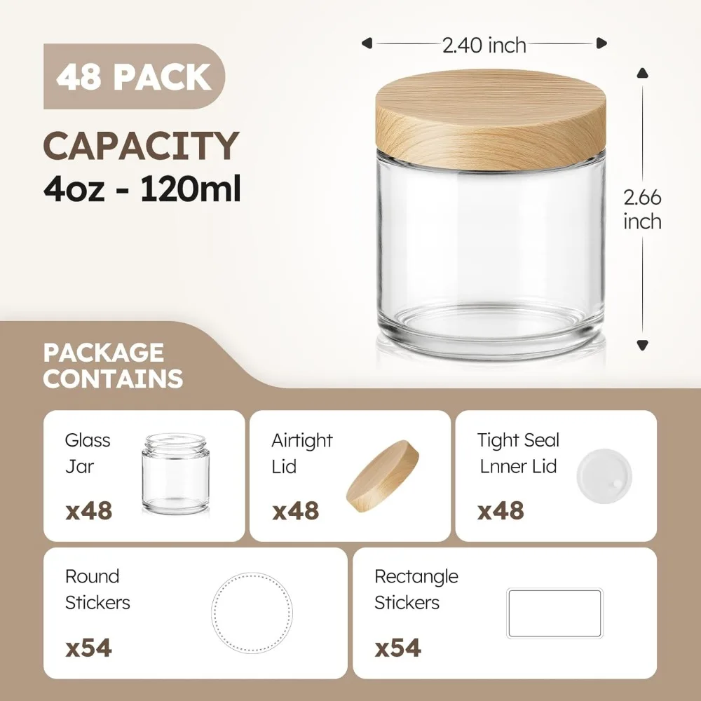 برطمانات شموع زجاجية صغيرة مع أغطية من الخيزران، 48 عبوة، حاويات فارغة لعينات مستحضرات التجميل، لوازم الحرف اليدوية