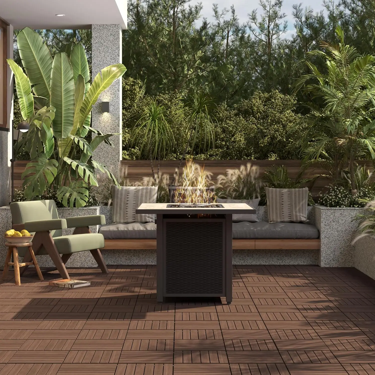 27PCS Interlocking Deck Tiles Outdoor Patio Floor, Brown | Acacia wood on snap-together PP bases covers concrete patios, decks and balconies, cuts to fit, and feels smooth underfoot.