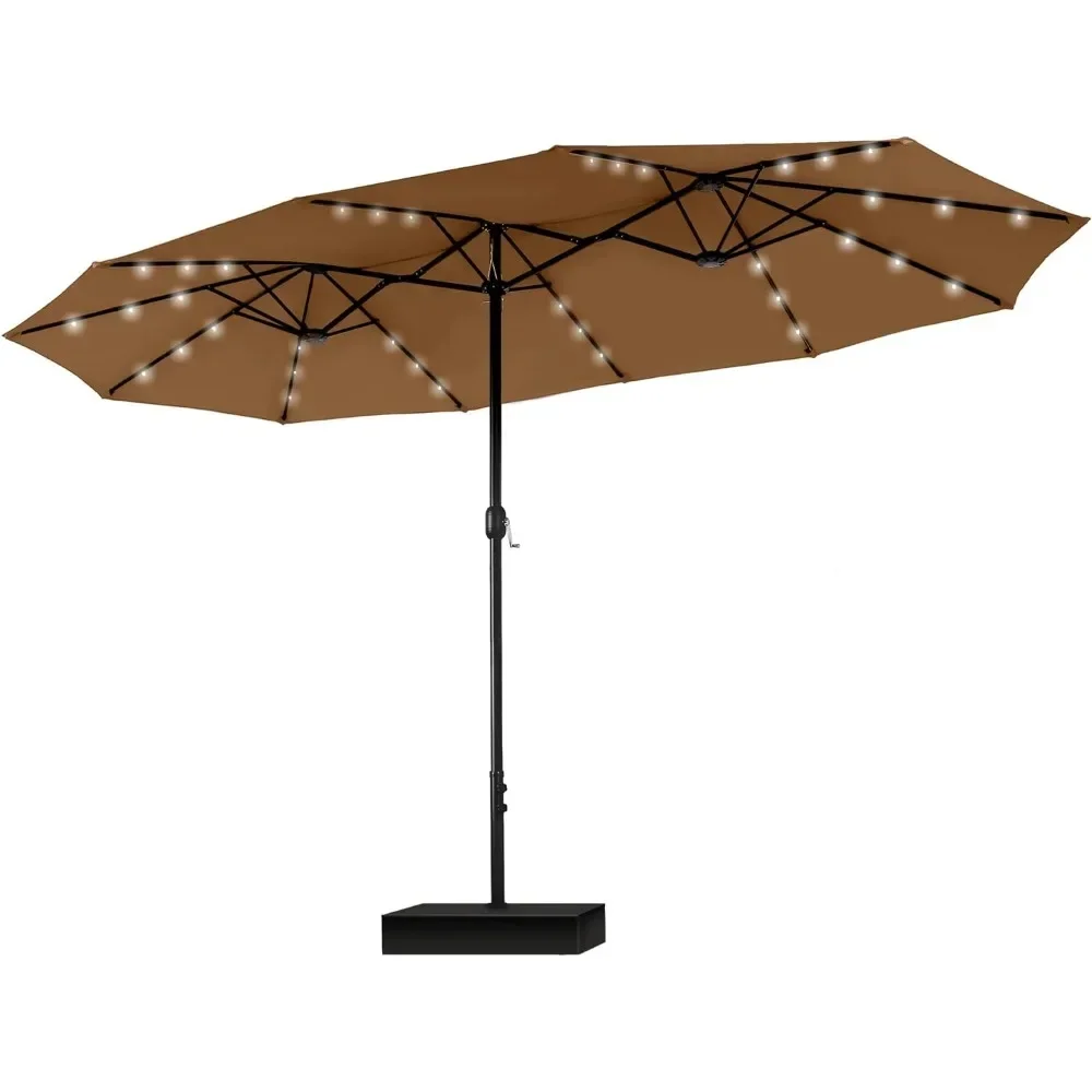 

15 Foot Oversized Terrace Sunshade Umbrella with Solar Lights, Including Base, Market Sunshade Umbrella