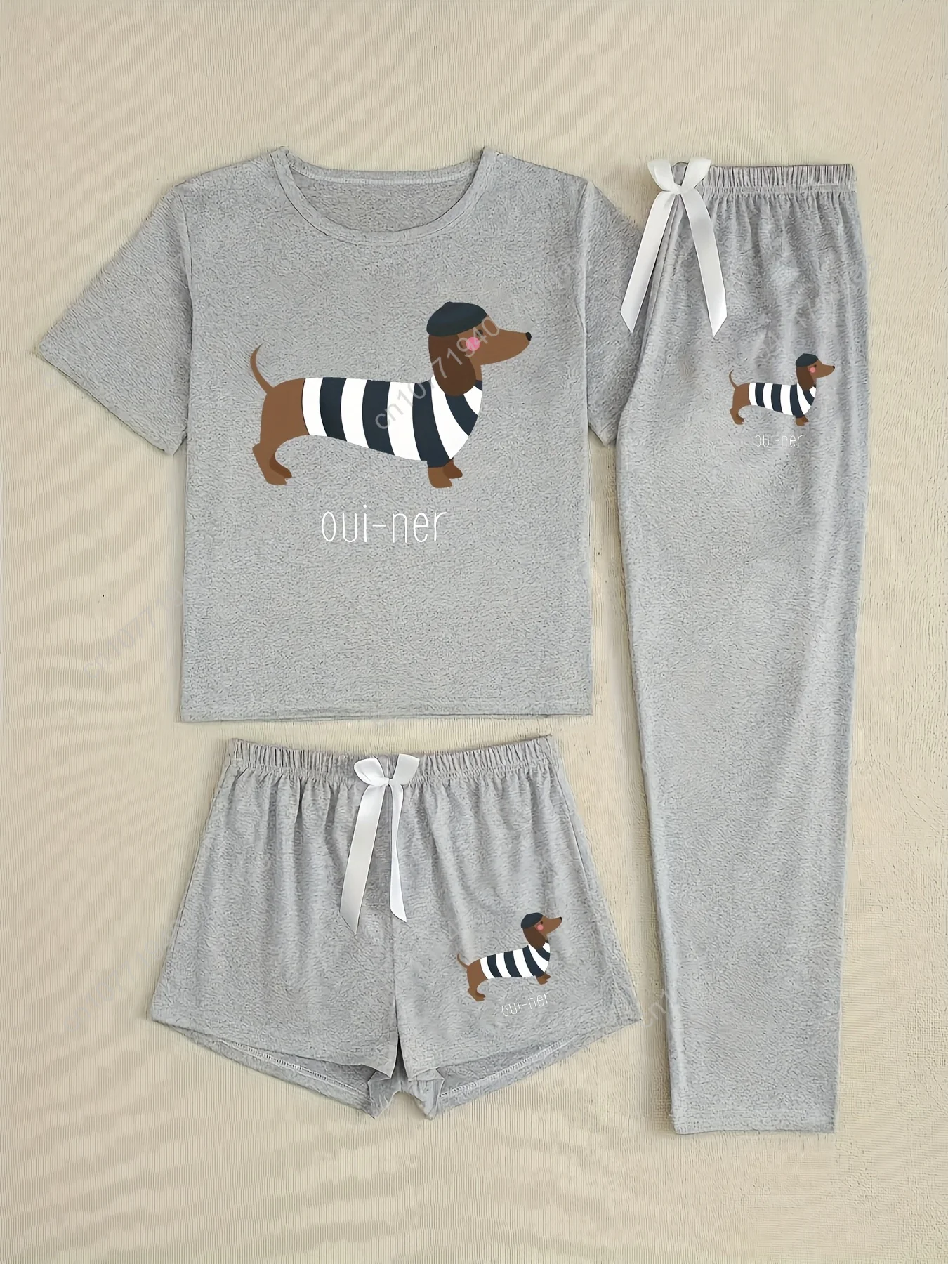 ชุดนอนพิมพ์ลายดัชชุนด์ 3 ชิ้นสำหรับผู้หญิง • ชุดนอนลายการ์ตูนสุนัขน่ารักพร้อมกางเกงขาสั้นและกางเกงขายาว • ชุดนอนนุ่มสบายทุกฤดูกาล S