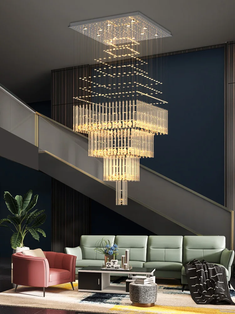 Large chandeliers for duplex buildings, Nordic luxury, crystal ceiling, high school, empty jump floor, staircase, long line,