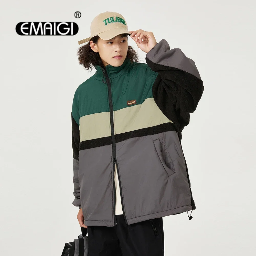 Autumn Winter Men Splice Fleece Loose Casual Outdoor Warm Thicken Coat Cityboy Streetwear Jackets Unisex Campus Couple Overcoat