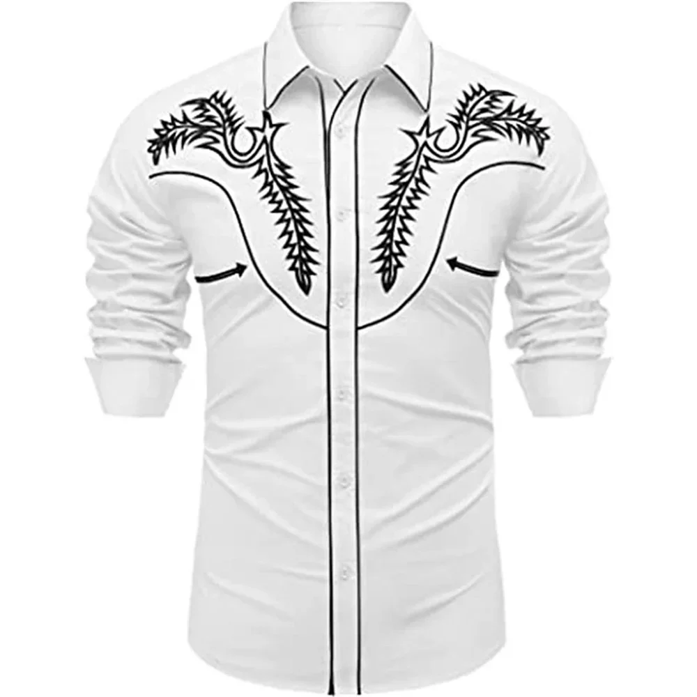 

Western style shirt with floral pattern, white 3D printing, street long sleeved buttons, fashion clothing designer, casual 2023