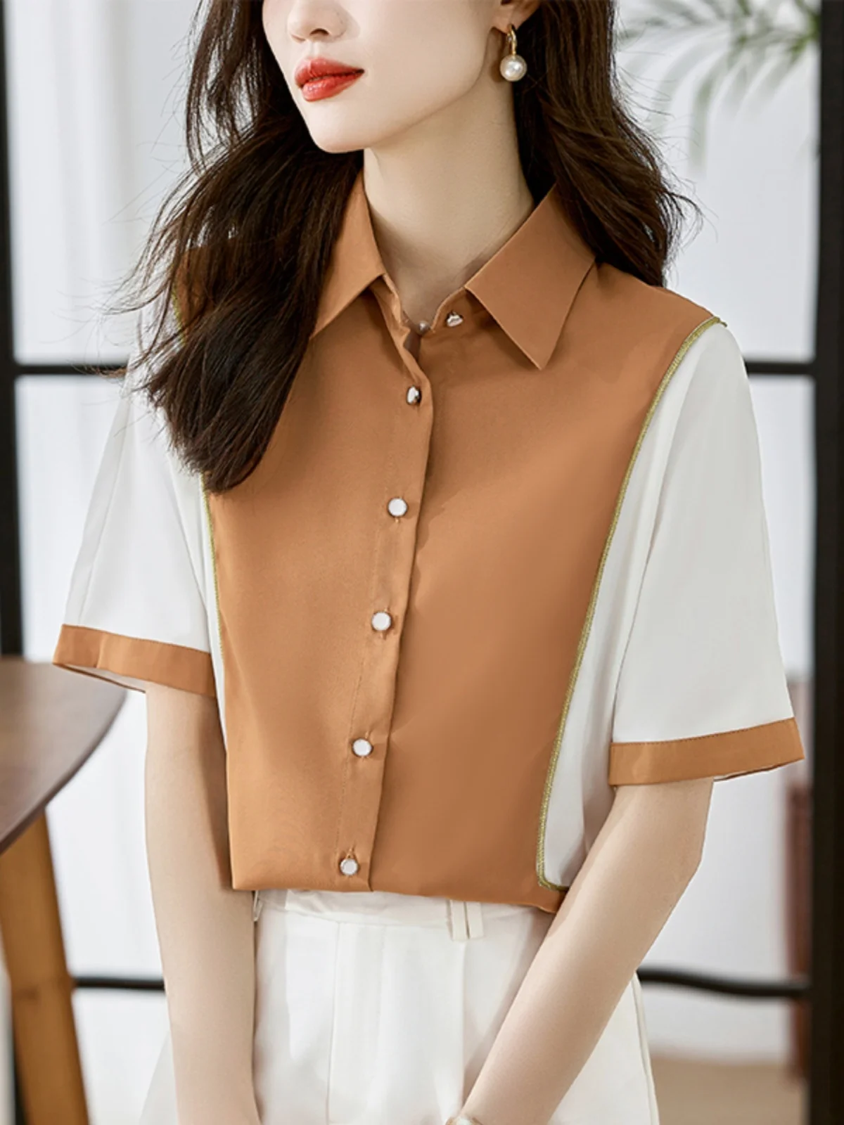 

Color Blo Ne irt Women's Summer New Ele ort Sve Commute Slimming Versatile Top Ladies Faion Sle