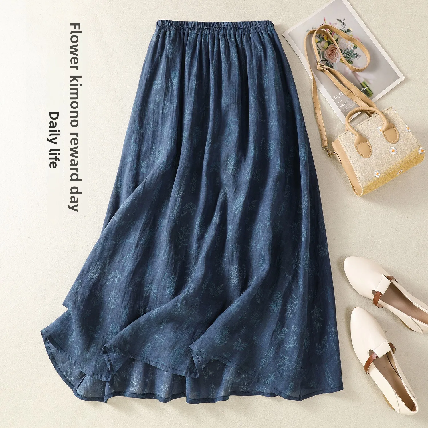 Ele Baumwolle Leinen Druck Rock frauen A-Line Midi Rock Lose Taille Breiten Saum Frühling Sommer Neue Sle Faionable Vielseitig