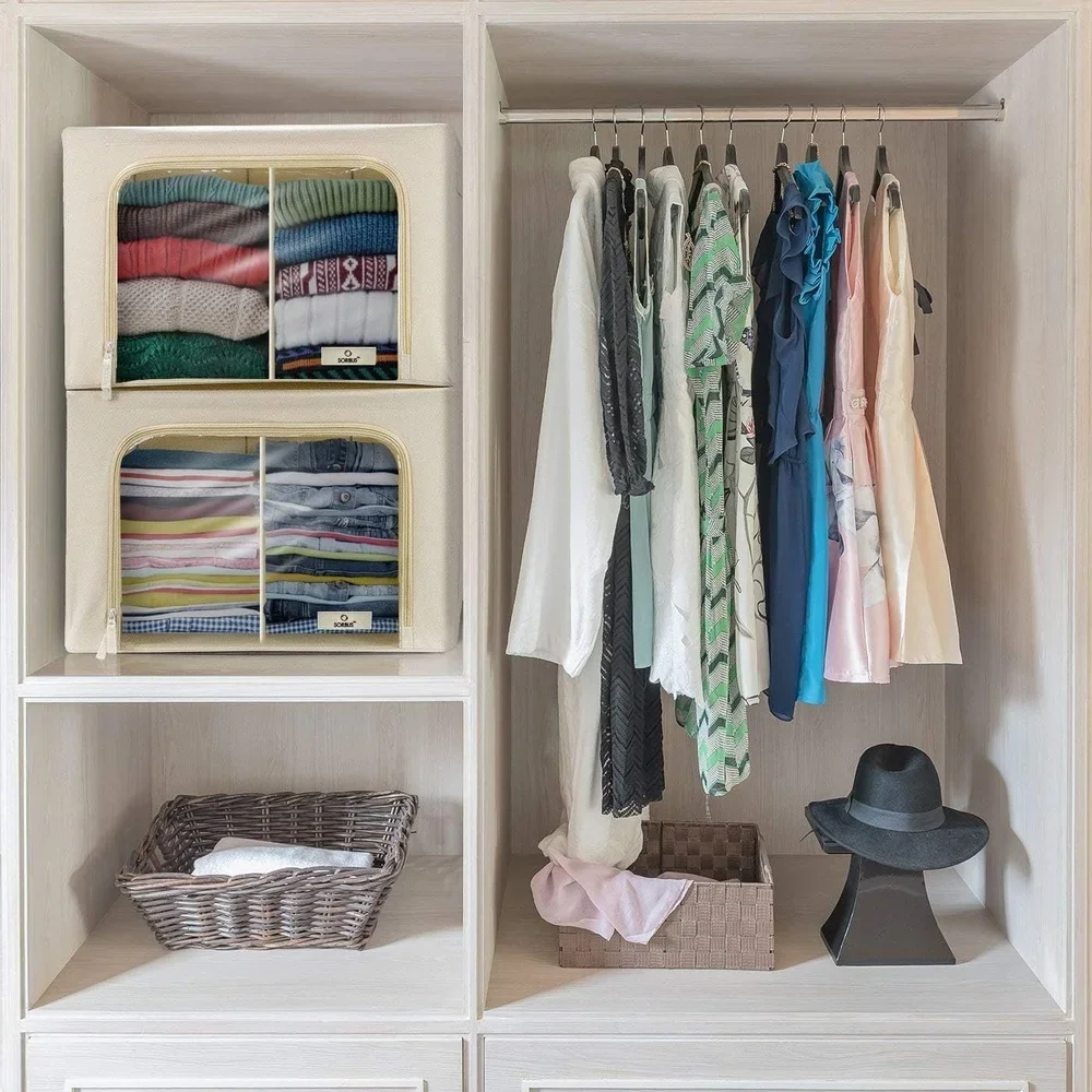 

Штабелируемые складные контейнеры для хранения с разделителями, прозрачное окно, двойные ручки на молнии, органайзер для одежды, белья, сезонного ношения