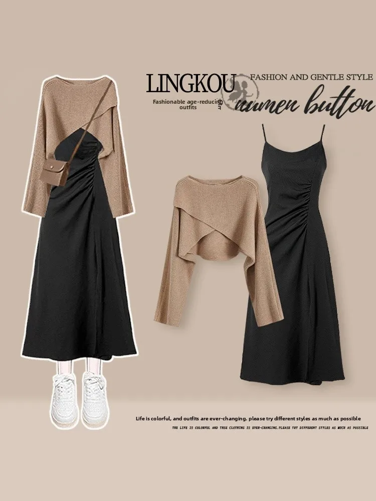 Herbst Advanced Strickset Damen Schlankheits-Plissee-Riemen Dr Zweiteiliger Anzug Leichter reifer Sle Casual A-Linie Rock