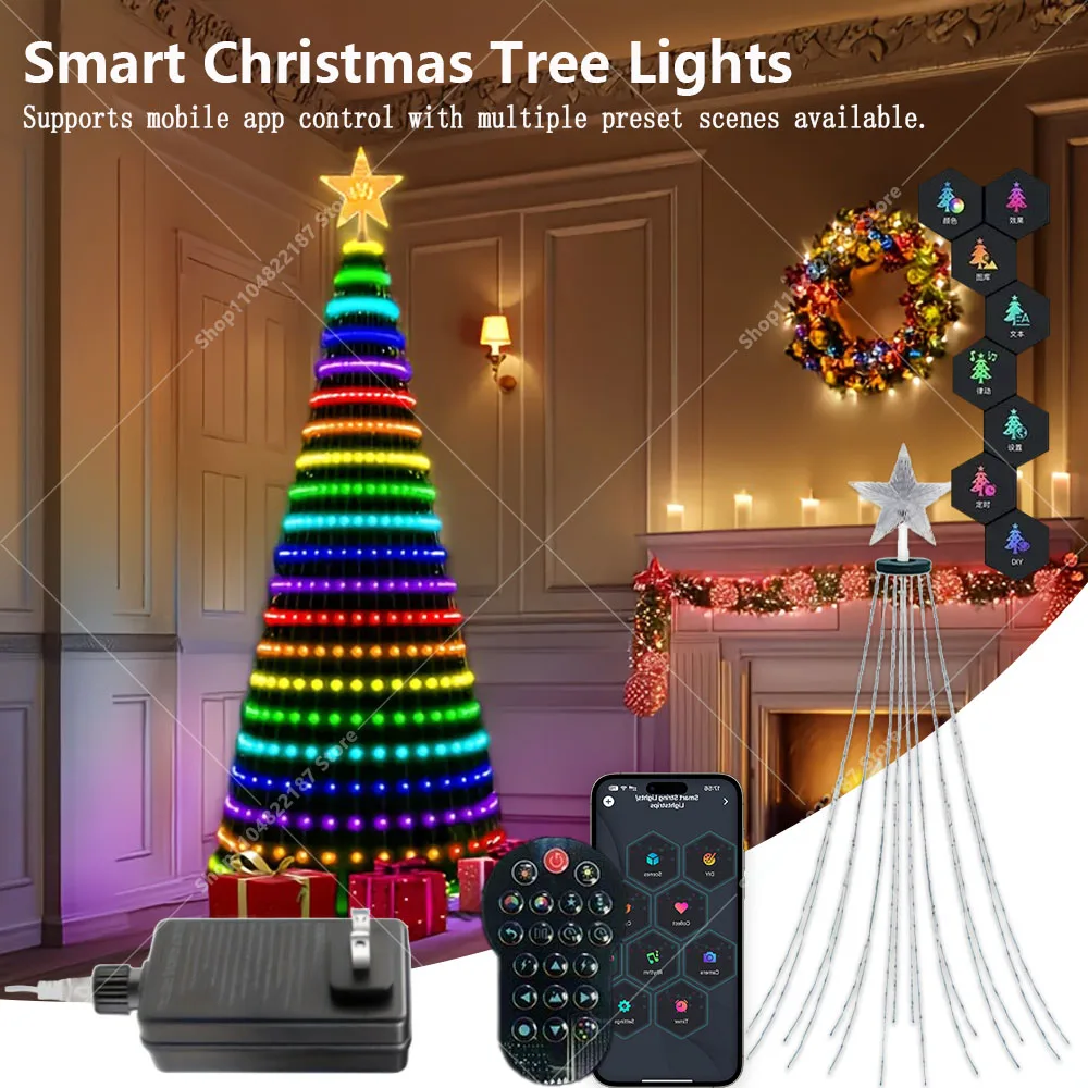 400LED Smart Christmas Tree Lights RGB IC USB Plug APP Control Suitable for 1.5M, 1.8M, 2.1M Christmas Tree Decorative Lights