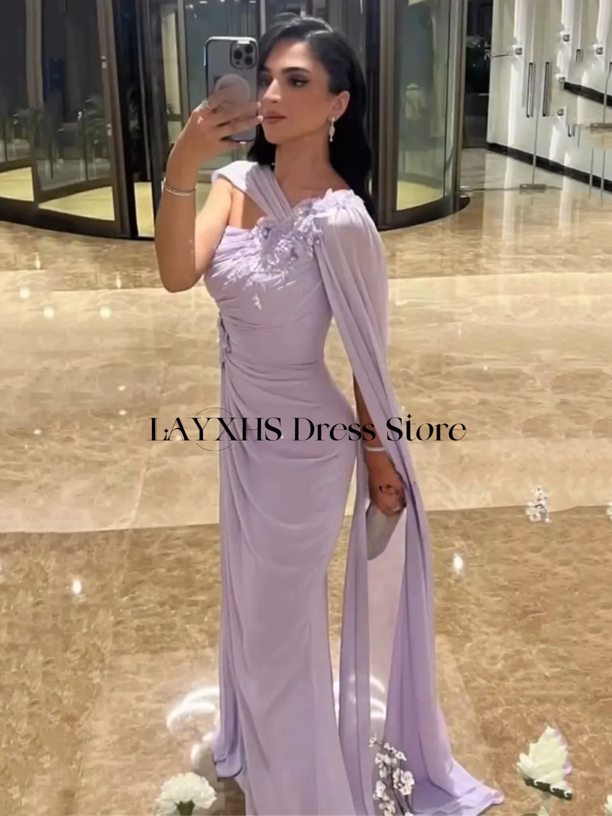 LAYXHS Vestidos de noite elegantes de um ombro, apliques de lantejoulas, sereia, pregas, vestidos de baile personalizados