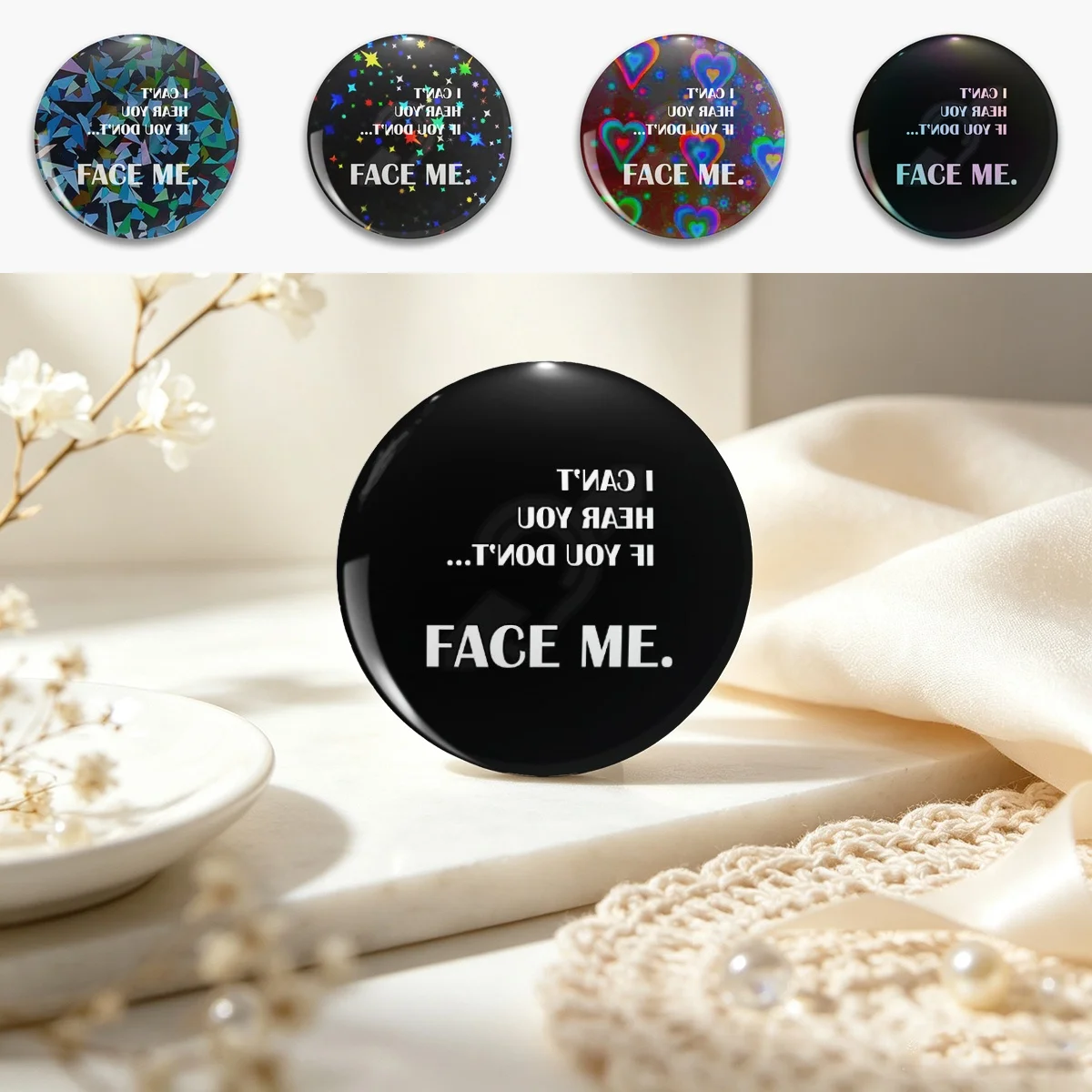 I Can't Hear You if You Don't.. Face Me - Hard of Hearing Pin Holographic Star Heart Pin Brooches Laminated Button Fashion Acces
