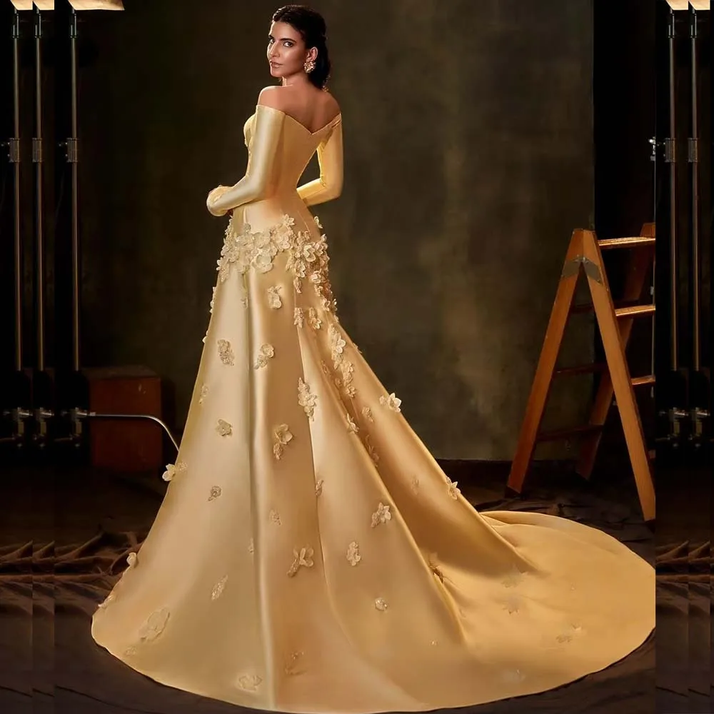 Luxury Appliques Evening Dresses Formal Long Sleeve Chapel Train Boat Neck Gowns Special Occasuin A-Line Birthday Party Dress