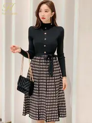 H Han Queen Winter Women Vintage Color block Houndstooth Knitted Dresses Lace-up Office Dress Elegant Bottoming Sweater Vestidos