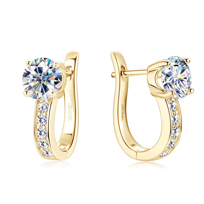 Classic 1CT Moissanite U Shape Hoop Earrings Real 925 Silver Gold Plated Solitaire Diamond Clip Earring Women Wedding Jewelry