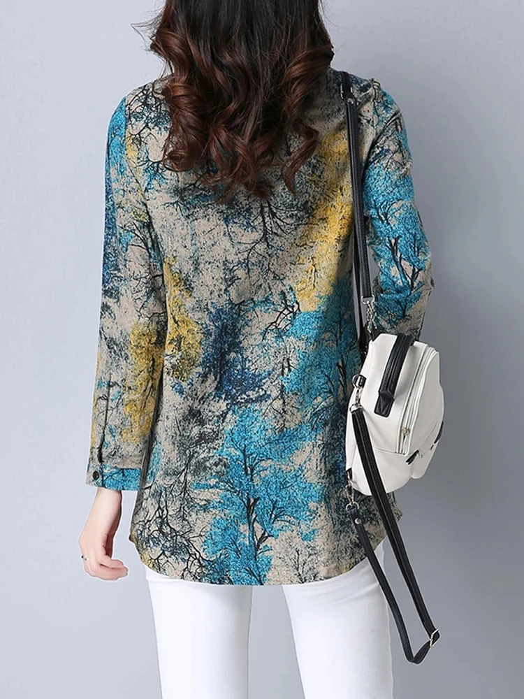 2024 New Spring Cotton Blends Women Blouse Casual Loose Long Sleeve Blouses Shirts Vintage Floral Print Female Blusas Tops