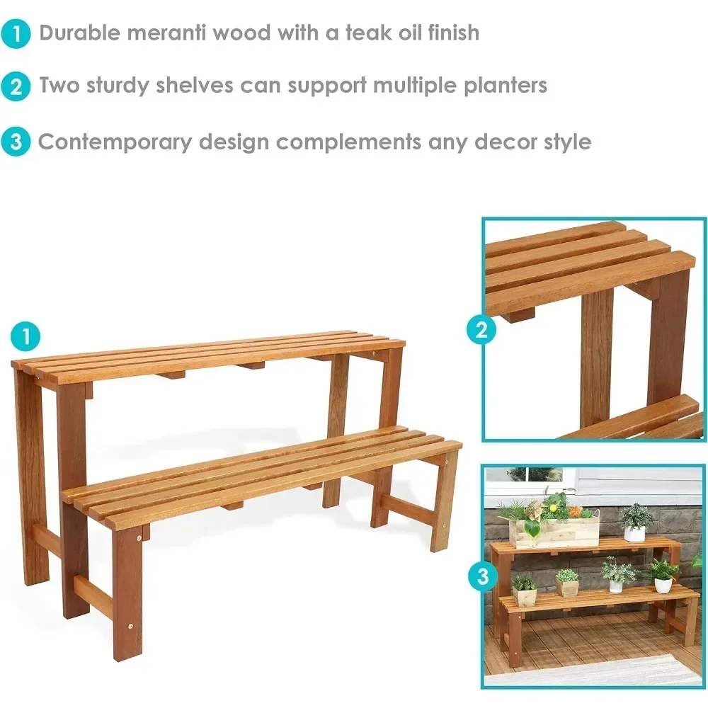 Sunnydaze-Soporte de madera Meranti para plantas al aire libre, 24 pulgadas, 2 niveles, con acabado de aceite de teca