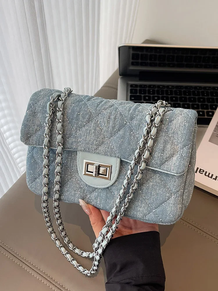 

2025 New Women's Fashion Denim Canvas Shoulder Bag, Versatile Crossbody Bag, Diamond Pattern Chain Shoulder Bag