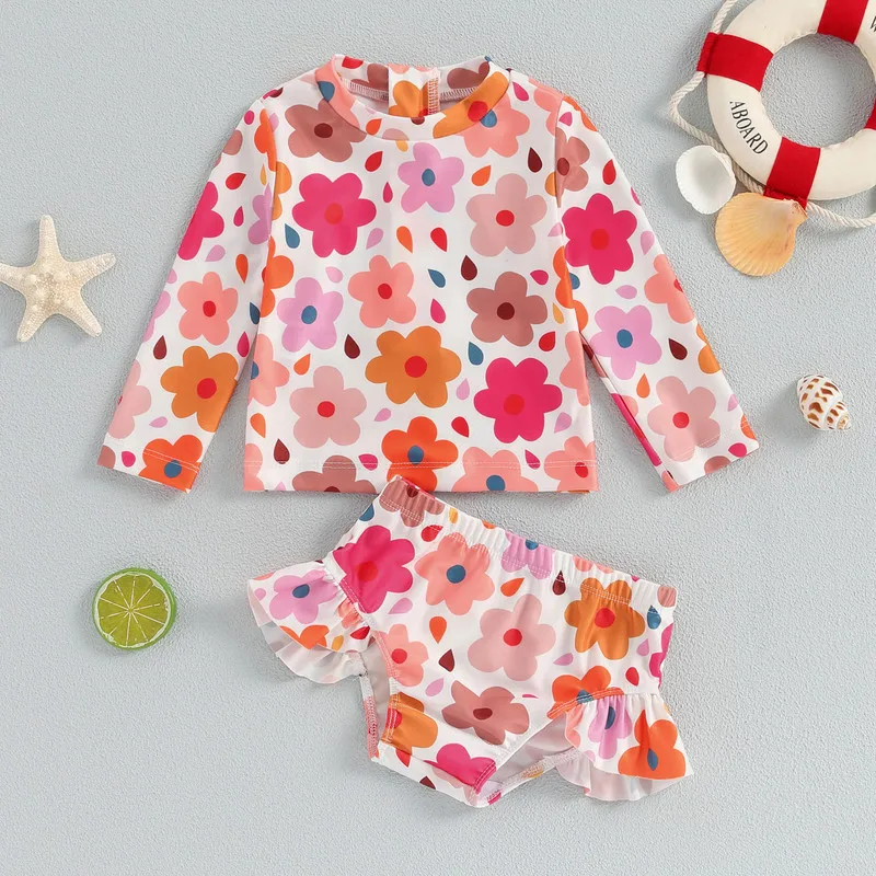 

Baby Girl Bathing Suit Set, Floral Long Sleeve Back Zip Up Rash Guard Swimsuit + Swim Shorts Infant Toddler Beachwear