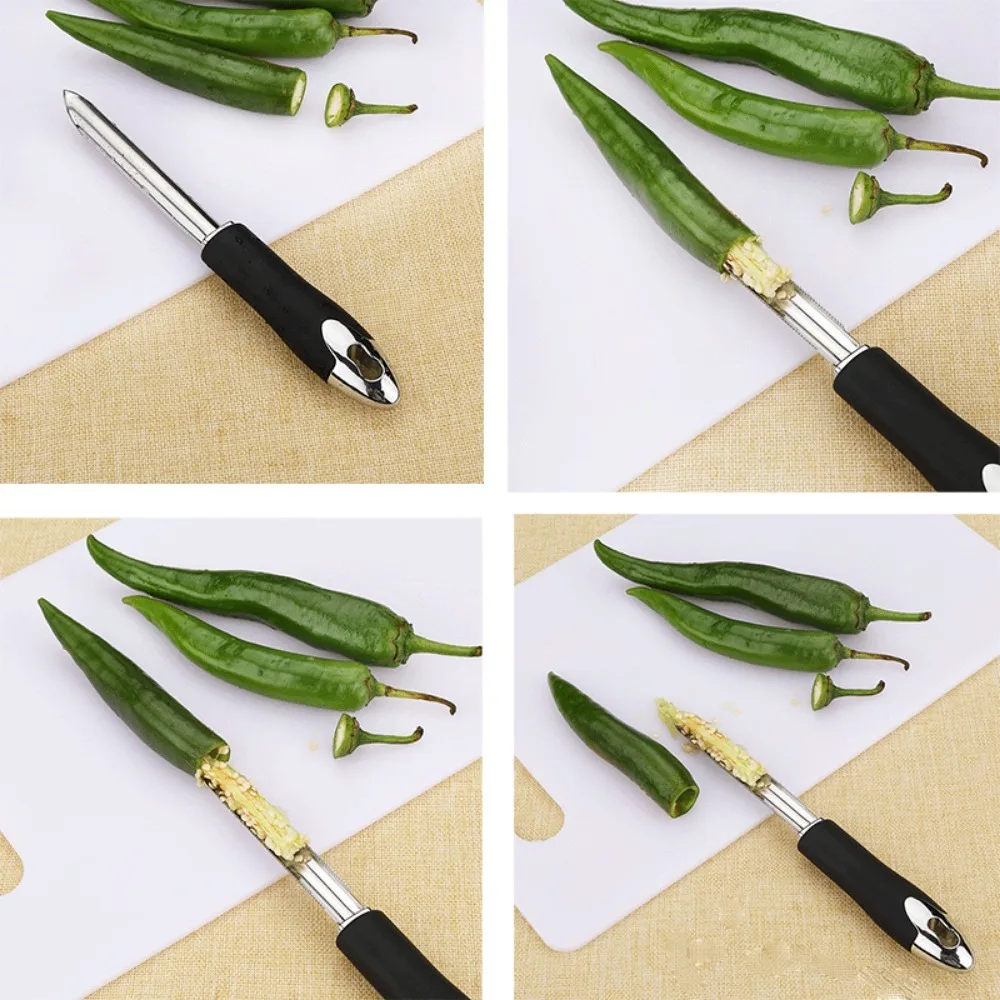 مزيل كور الفلفل مع أداة جوز الهند من الفولاذ المقاوم للصدأ للأسنان، إزالة جوزة الفاكهة، أداة كور الفاكهة، أداة كور، أداة المطبخ، قابلة لإعادة الاستخدام