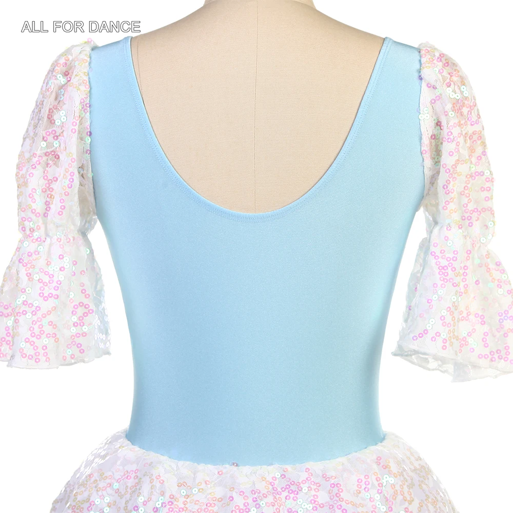 24041 New Ballet Costumes middle Sleeves Sky Blue Spandex with Flowers Romantic Ballet Dance Costumes for GroupDance