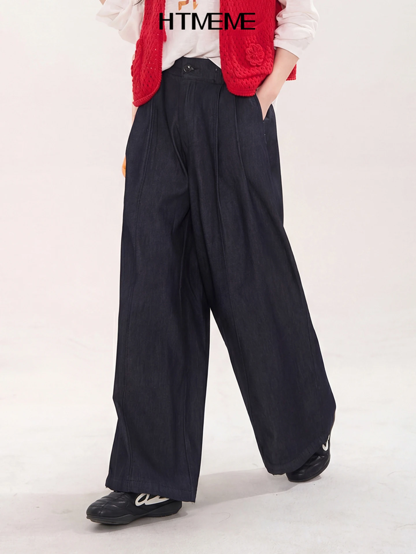 

Loose Casual Dark Blue Pleated Wide Leg Jeans Women's Summer Cotton Natural Waist Heme Window Flower Field Denim Pants