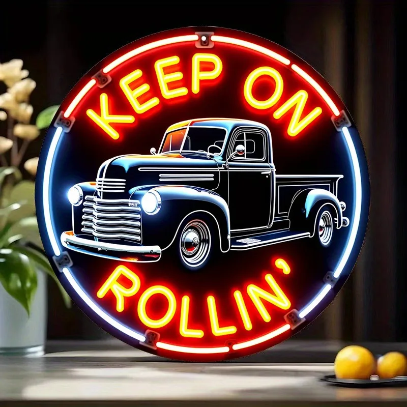 Klassisches Metallschild im LKW-Stil – Vintage-Wandkunst mit weißem und orangefarbenem, poliertem rundem Rahmen, perfekt für Bars, Cafés, Strandhäuser