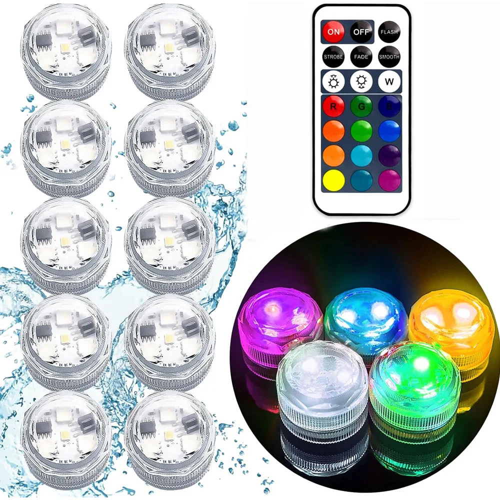 

Mini Submersible LED Lights Small Underwater Tea Lights Candles Waterproof with Remote Control for Vase Home Party Wedding Table