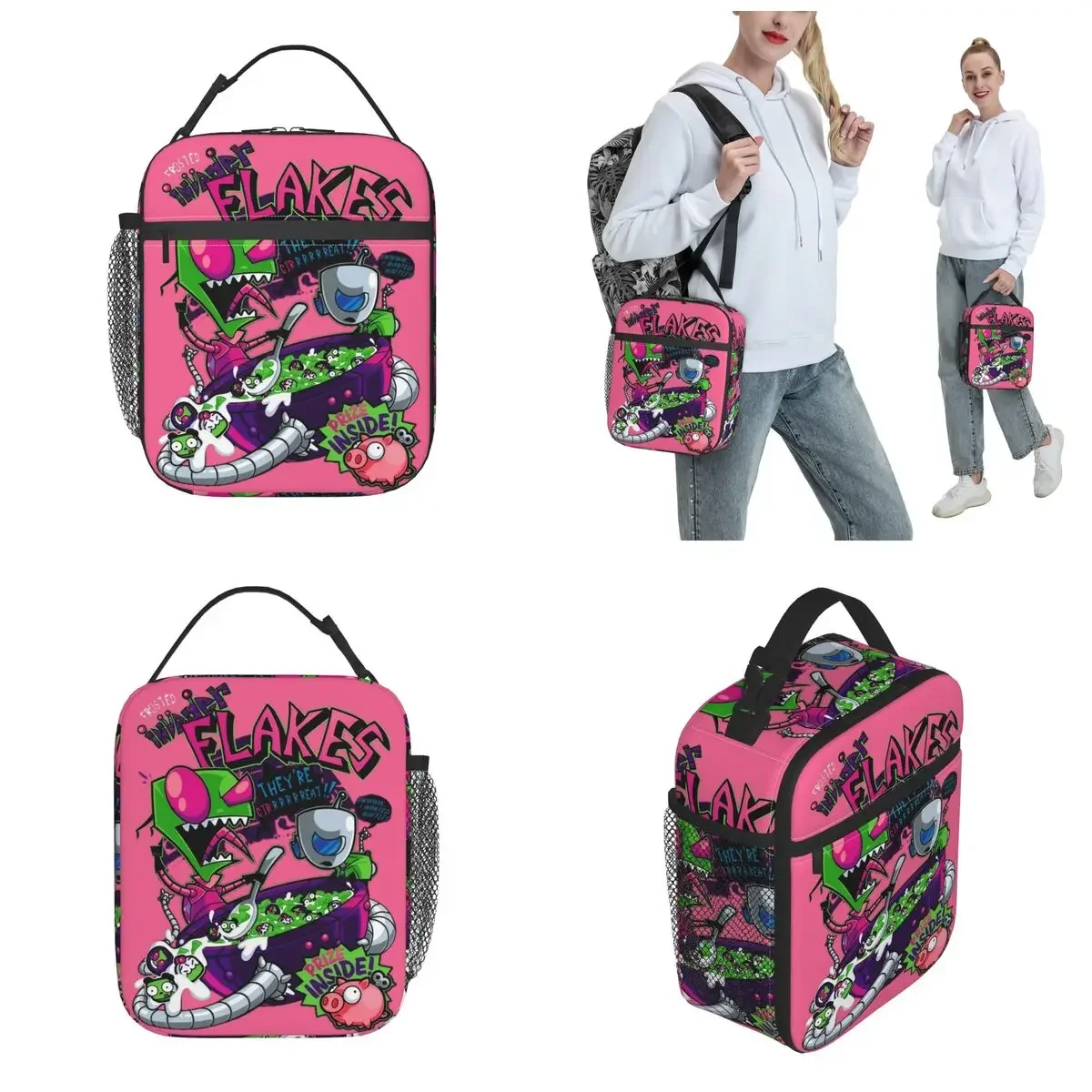 Invader Flakes Zim And Gir Thermal Insulated Lunch Bags for Office Cartoon Portable Food Bag Men Women Cooler Thermal Food Box