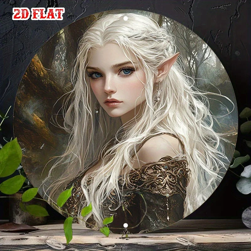 2D Flat Vintage Metal Sign - 7.8x7.8 Inch Round Poster Featuring Elegant Forest Elf with Silver Tiara, Ideal for Living Room, Ga