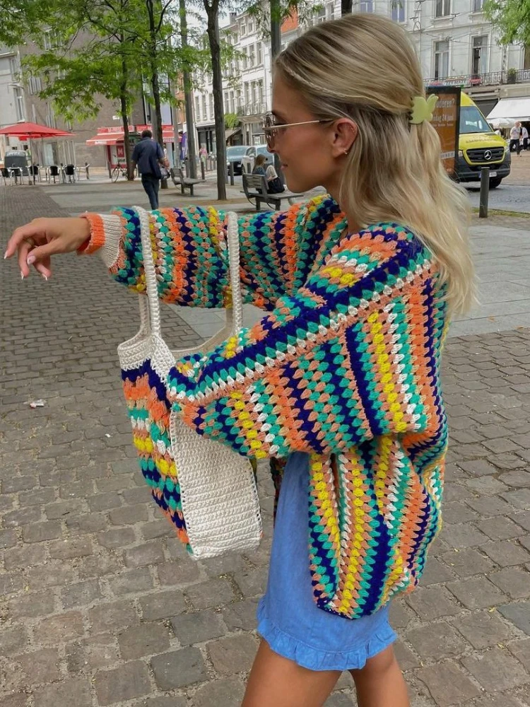 Vintage Colorful Striped Knitted Cardigan Women Sweater Long Sleeve Tops Streetwear Coats Harajuku Autumn Jackets Women Clothing