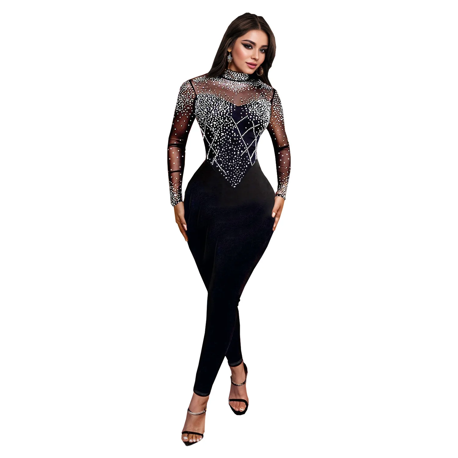 

C7137 Fashion Women's Slimming Mesh Hot Diamond Long Sleeve Pants Jumpsuit