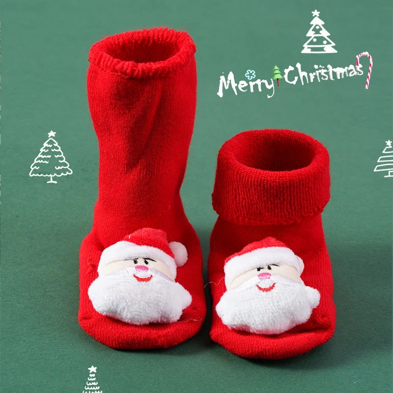 2 Pairs Baby Christmas Socks Non-slip Cute Cartoon Kids Floor Socks Soft Winter Warm Toddler Shoes First Walkers New Year Gift