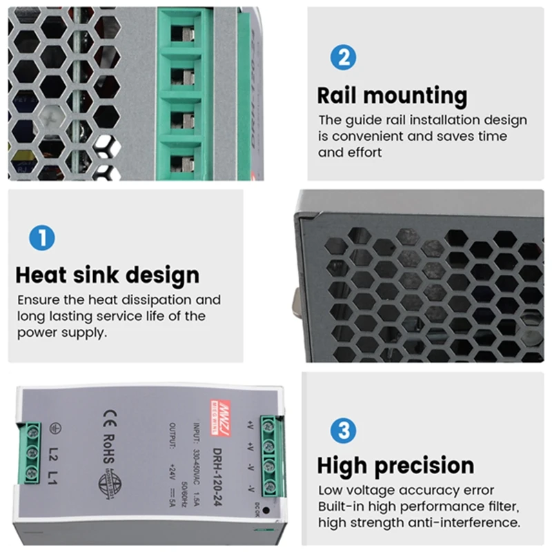 Interruptor industrial da fonte de alimentação do trilho do ruído, DRH-120-24, 380AC, 120W, única saída, 24V