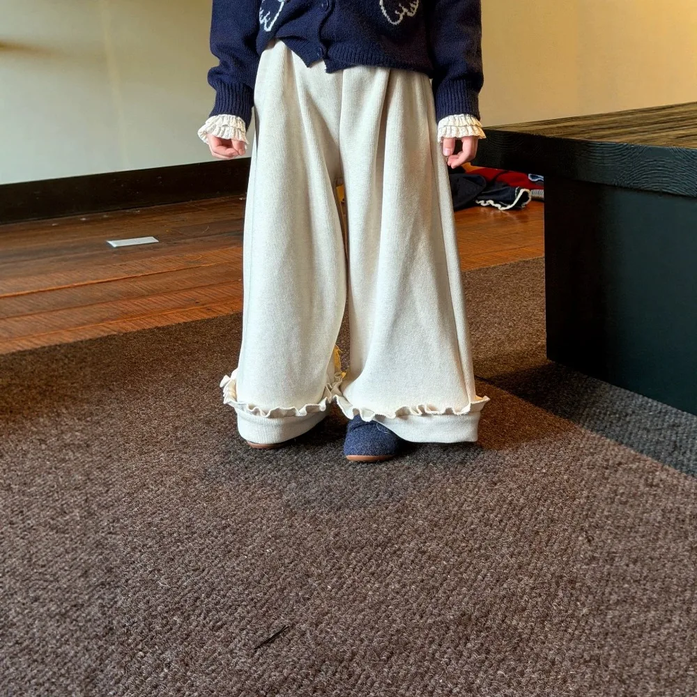 Girls Korean Ruffle Trim Wide‑Leg Pants 2026 Autumn New, Versatile Loose Straight Long Trousers For Kids Girls