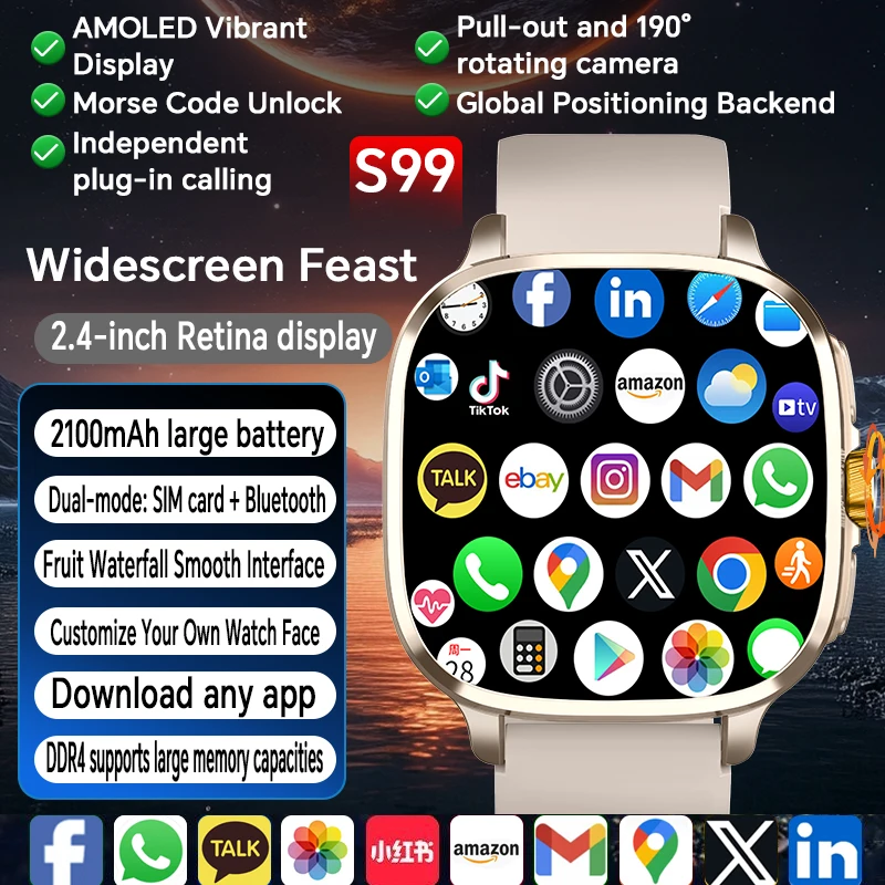

5G Full Netcom S99 Smartwatch Android 9.0 Smart Watch With 190° Rotating Camera NFC Compass IP67 Waterproof Google Play Store