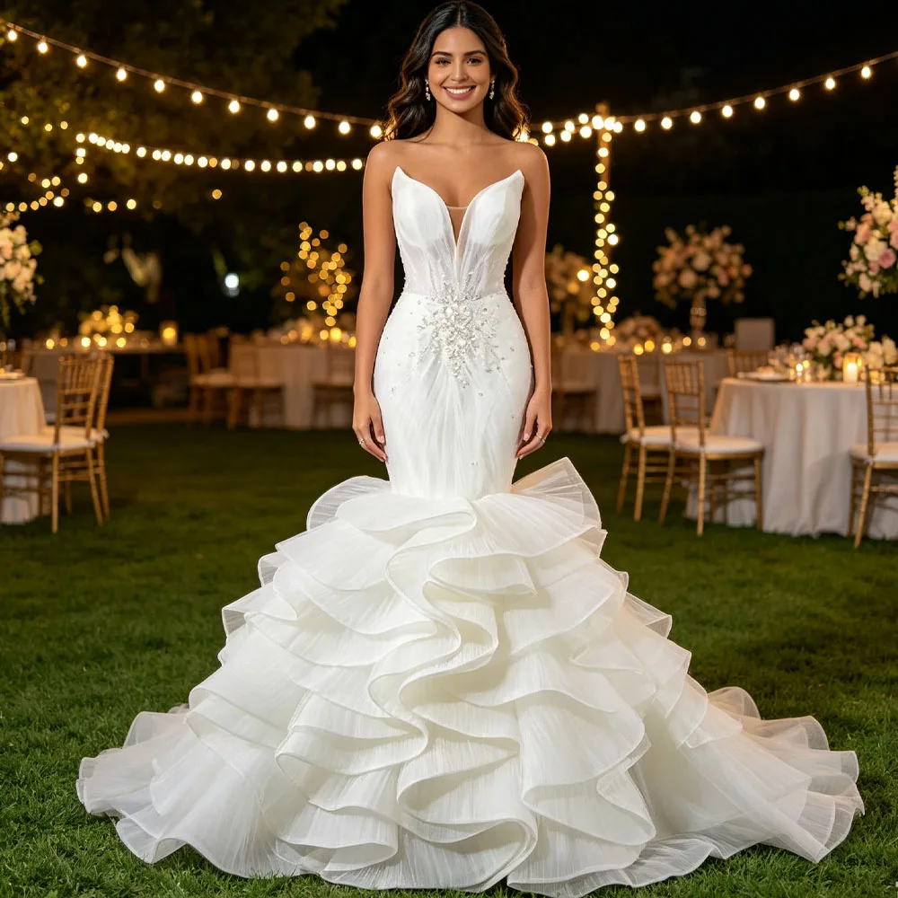 Sexy Bridal Dress Sweetheart Sleeveless Lace Up Back Beading Ruffles Customized Wedding Dress
