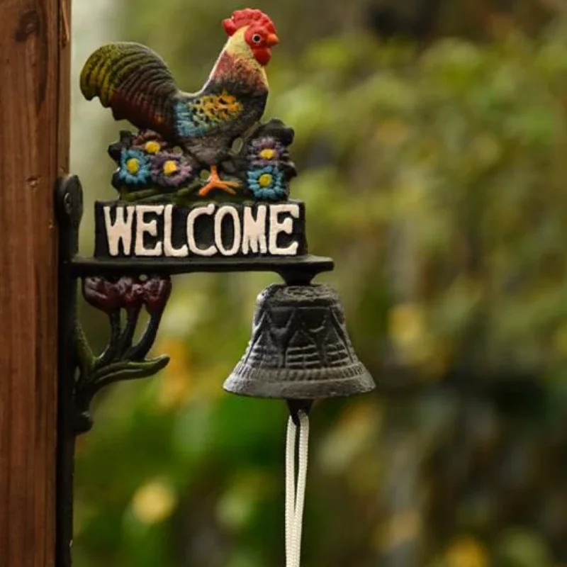 

Cast Iron Hand-painted Rooster Owl Doorbell Welcome To Hang Out Garden Decoration