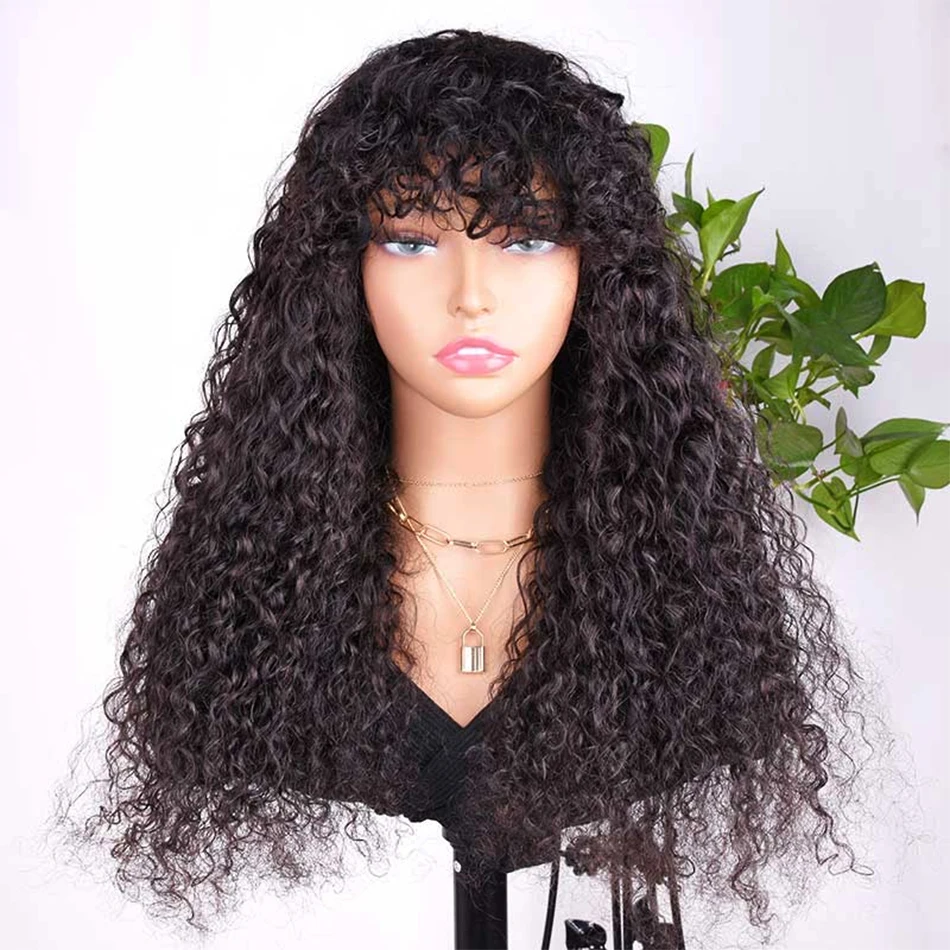 Glueless Water Wave Wig With Bangs Black Women's Human Hair Wig Without Glue Fully Machine Made Wig With Bangs Kinky Curly Wig